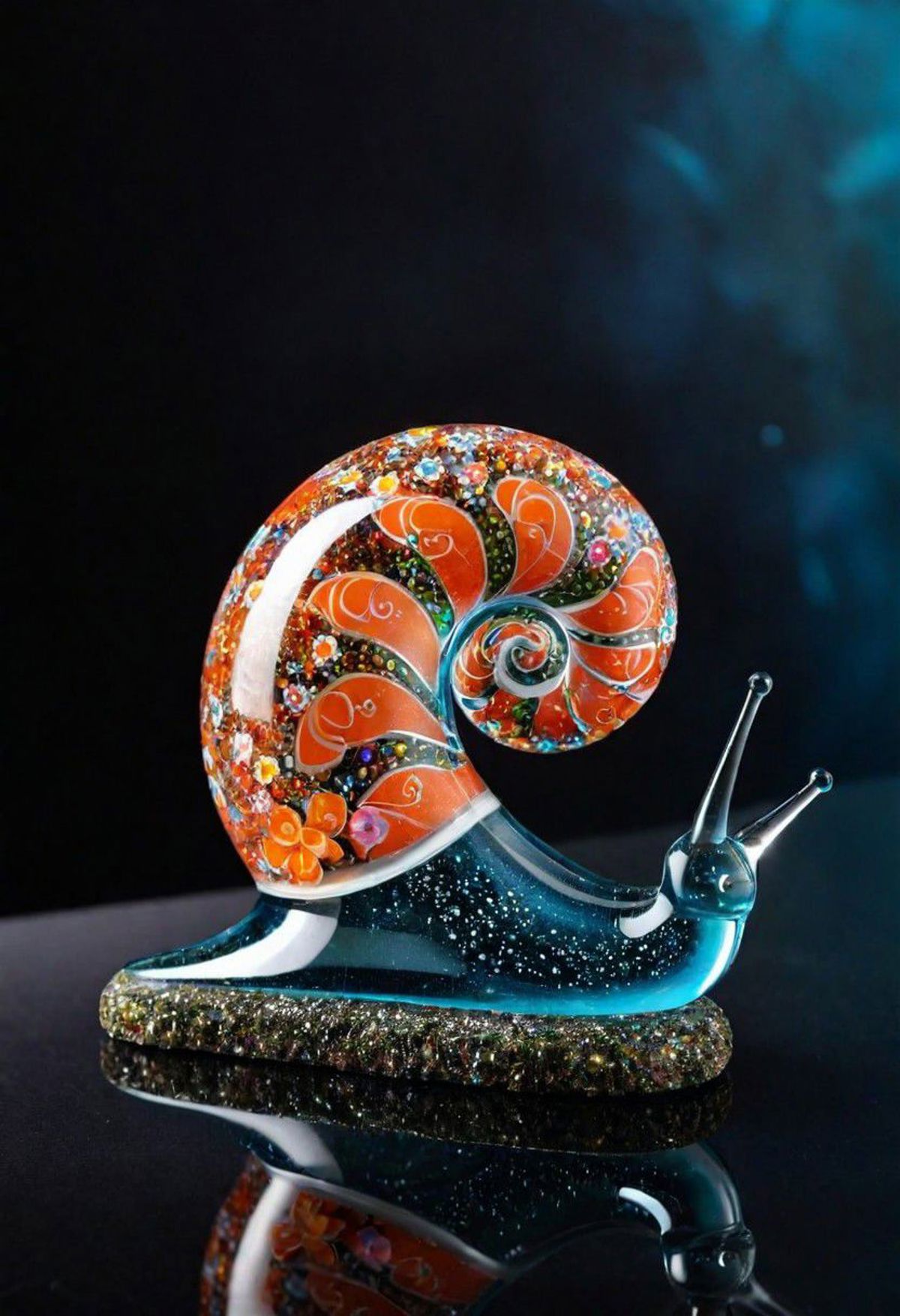 A colorful glass sculpture of a snail on a shiny surface.