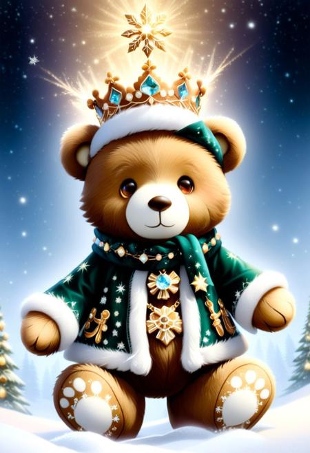 Create a bear that's a real showstopper by mixing holiday fashion with an unforgettable, whimsical twist. Imagine a bear that's as majestic as a king, standing proudly in the spotlight, covered in a coat of shimmering, iridescent fur that changes colour like the aurora borealis.Decorate its outfit with snowflake embroidery, holly leaves, and twinkling stars, each glowing softly with embedded LED lights.
 it's a masterpiece of storytelling. Picture a regal crown of frosted evergreen branches on its head, with golden ornaments and silk ribbons cascading down. And its paws? Fitted with sparkling crystal "mittens" that leave a glittering snow trail with every step. It's got a bold, velvet cape trimmed with faux fur that sweeps dramatically behind it, patterned with constellations to show that holiday magic reaches even the stars.Accessories are key: think a chic belt of golden bells that jingle softly as it moves or an avant-garde scarf made of flowing strands of silver tinsel. The look is finished off with a necklace of icicle-like gems that catch the light in prisms and maybe even a holiday cocktail ring shaped like a miniature gingerbread house.This isn't just a bear—it's a celebration. The image should convey warmth, joy and creativity, blending classic holiday charm with futuristic flair. This bear is set to redefine festive fashion, turning heads as a walking, roaring embodiment of holiday spirit, ready to dazzle in the most glamorous winter wonderland you can imagine.