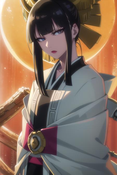 senjumaru shutara, long hair, bangs, blunt bangs, black hair, sidelocks, (black eyes:1.5), makeup, lipstick, red lipstick, japanese clothes, kimono, mechanical arms, extra arms,