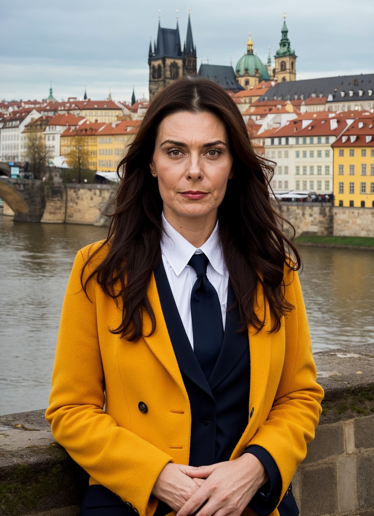 portrait of sks woman in Prague, at the Charles Bridge, by Flora Borsi, style by Flora Borsi, bold, bright colours, ((Flor...