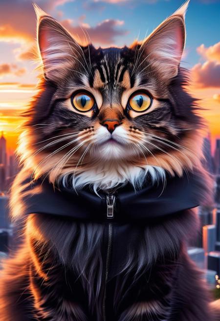 A captivating illustration of a ((cute cat)) with ((huge)) ((oversized)) ((manga-style eyes)), feline is gazing very longingly into the camera lens. The cat's fluffy fur contrasts with its sleek black attire, and it sits on a transparent cloud, as if levitating above the ground. The background showcases a vibrant cityscape with towering skyscrapers and a dramatic sunset, creating a delightful mix of urban and whimsical elements, from above