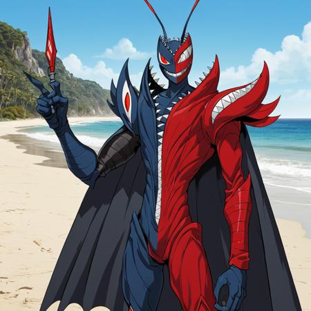 sfw, masterpiece, best quality,absurderes, <lora:AbbadomonCoreXL:1>,1boy,solo,abbadomon core,cape,antenna,two-tone clothing,two-tone skin cartoon,80s cartoon,upper body,grin,smirk,outdoors,beach,pointing,pointing at veiwer