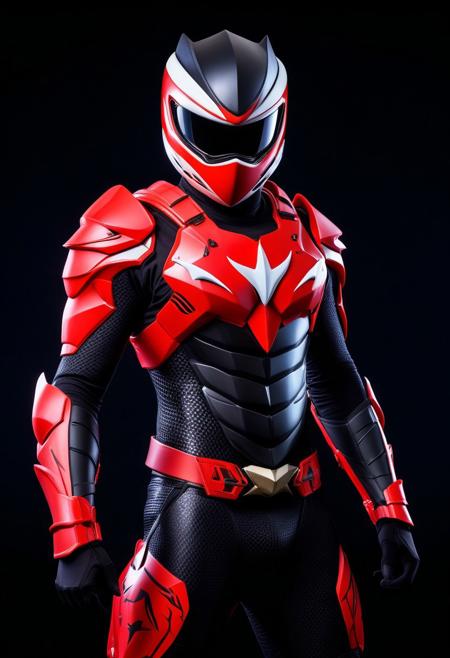 super sentai, black and red themed, icon on chest, wild nature theme, exagerated visor, shark shpae helmet, 3D, simple background , realistic design, masterwork, armor, minimalistic design, white engraving, light body armor, ninja, ninja suit, black color, cyber Armour, cowboy shot, exagerated pose, fight pose