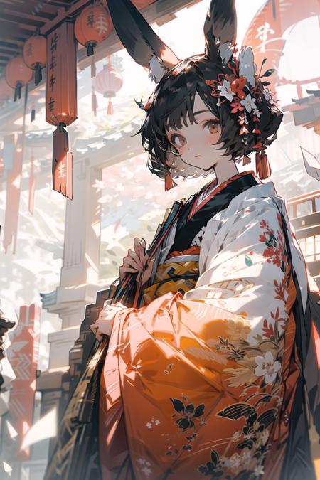 sinsya, 1girl, lantern, animal ears, solo, japanese clothes, hair ornament, short hair, hair flower, rabbit ears, looking at viewer, kimono, brown eyes, black hair, paper lantern, wide sleeves, bangs, holding <lora:sinsya-pynoiseloha:1>