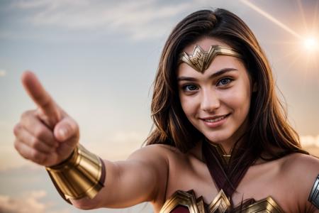 DC movies,photo of a 18 year old girl,wonder woman,pointing at viewer,happy,laughing,ray tracing,detail shadow,shot on Fujifilm X-T4,85mm f1.2,sharp focus,depth of field,blurry background,bokeh,lens flare,motion blur,<lora:add_detail:1>,