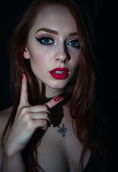 A woman with long red hair, bright makeup with expressive eyeliner and red lipstick, looking directly at the camera, making a "duck" with her lips. Tattoos are visible on her neck and chest. The lighting is slightly dim, creating a mysterious atmosphere, and the background is dark or gothic. The shot is close-up, focusing on the face and upper body, with the hair loose and slightly waving.е