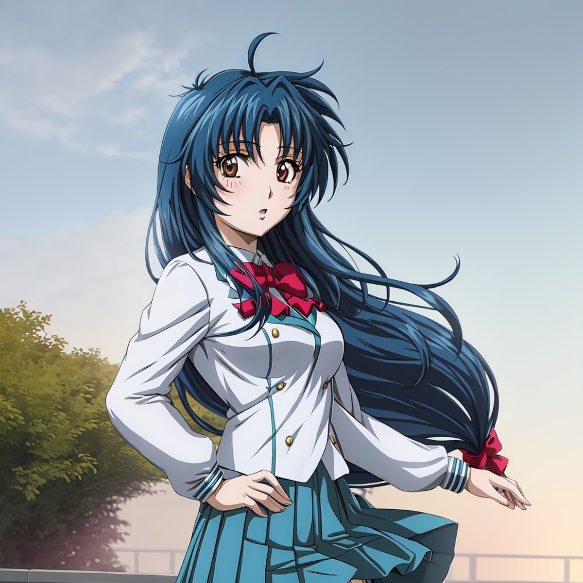 KanameChidori, 1girl, anime, masterpiece, best quality, serafuku, school uniform, highly detailed, beautiful background, d...