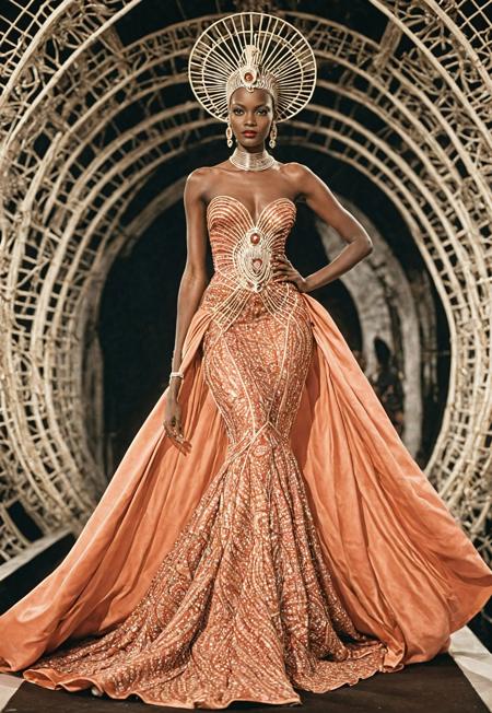 an African model on a ArsMJStyle, ArtDecoVintageFuture catwalk wearing an elegant gown made of coralbugXL, fashion show