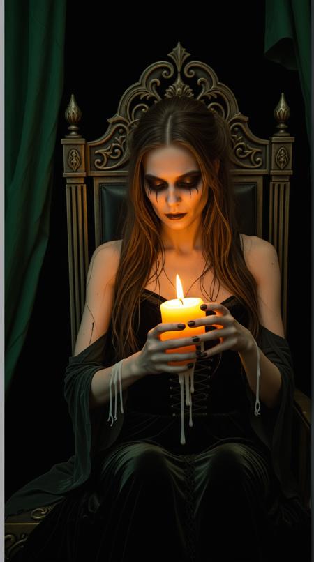 A closeup of a A hauntingly beautiful female banshee sits atop a decrepit, ornate throne, surrounded by a tattered, black velvet curtain that appears to be slowly being consumed by an ethereal, glowing aura, as if the very emotions she embodies are seeping into the fabric of reality. Her long, wild hair is a deep, rich brown that seems to shift and writhe like living darkness, with strands that appear to be made of the same smoky, cloud-like substance as the aura. Her eyes burn with an otherworldly green fire, as she gazes down at the skull that rests in her lap, upon which a lone, dripping candle casts flickering shadows that seem to dance across her pale, gaunt face. The banshee's bony fingers are wrapped around the skull, her long nails digging deep into the bone as she appears to be pouring all of her emotions into the candle's flame, which gutters and spits in response, casting a warm, golden glow across the dark, foreboding atmosphere. The air is heavy with the scent of decay and smoke, and the sound of distant, mournful whispers seems to echo through the space, as if the very spirits of the dead are being drawn to the banshee's haunting, emotional spectacle.,
