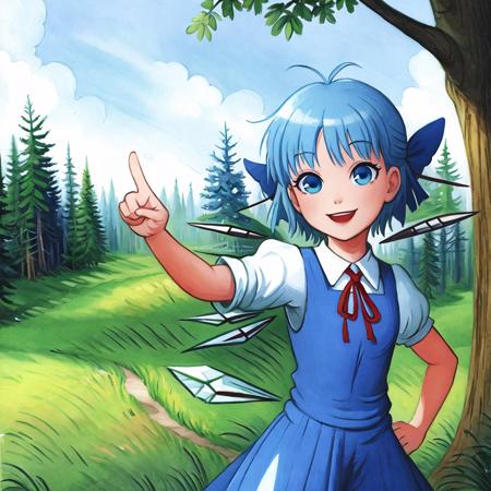 sut, award winning beautiful commission art, (masterpiece), (highest quality), cute, highly detailed, dynamic pose, anatomically correct, 5 fingers, 1girl, solo, official art, character design, concept art, highly detailed, illustration digital art, digital painting,  full body, forest, (cirno, blue eyes, blue hair:1.2), happy, smiling, summer, tree, evening <lora:suteev_v6-000012:1>