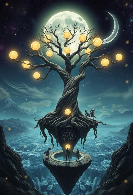 A surreal landscape where a giant, ancient tree with roots that spiral down into a bottomless abyss floats above a shimmering, crystalline lake. The tree’s branches extend into the sky, each one holding a glowing orb that pulses with a soft, ethereal light. Beneath the tree, a group of mystical creatures—half-human, half-animal—gather around a floating stone altar inscribed with runes that glow in sync with the orbs. The scene is illuminated by a sky filled with swirling galaxies and a massive crescent moon that casts a silver light over the entire landscape. The air is filled with floating luminescent particles that dance around, adding a magical touch to the dreamlike atmosphere. The overall composition is intricate, blending the natural and the fantastical in a mesmerizing, otherworldly setting.