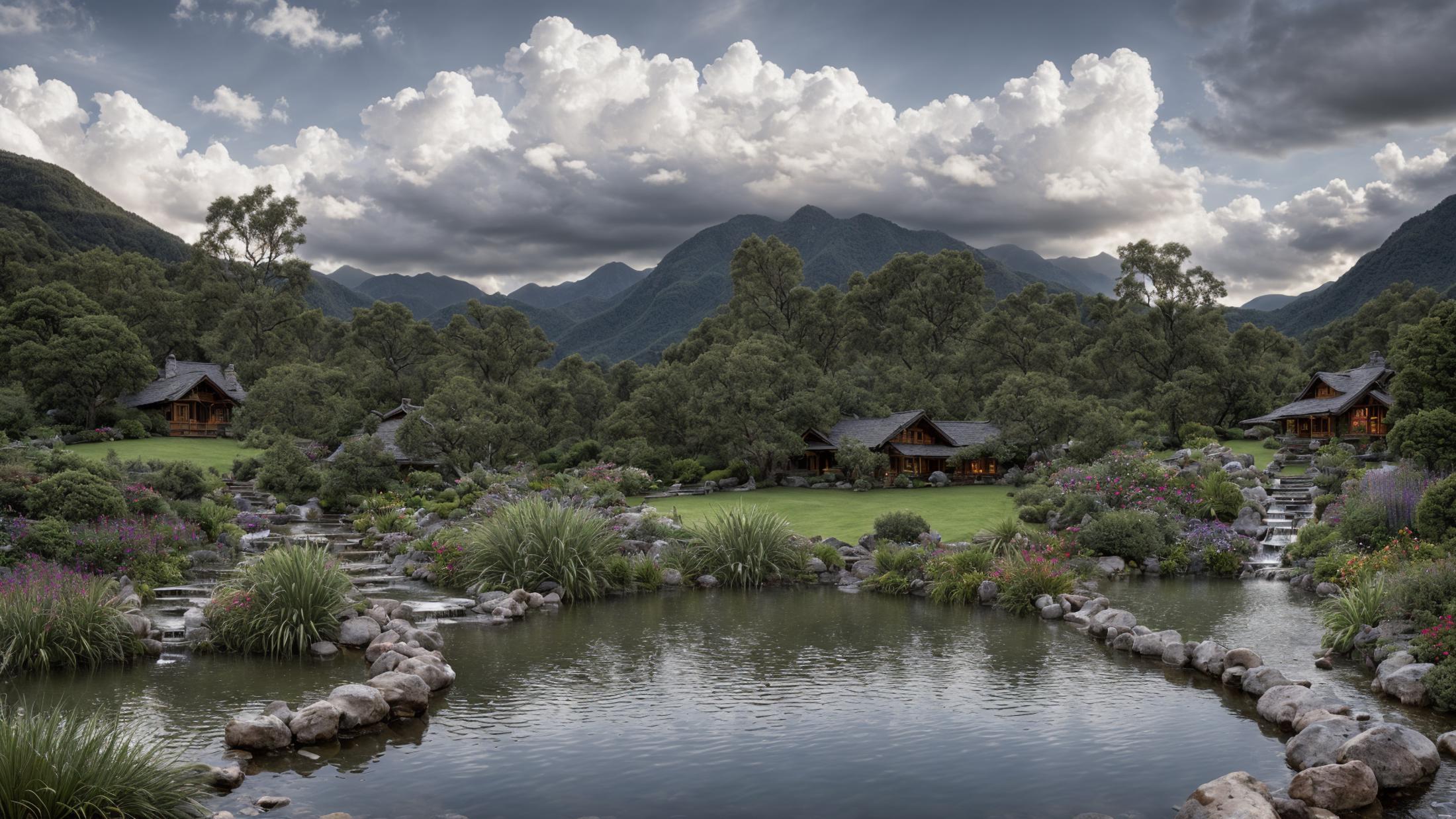 A serene mountain valley with a house and pond surrounded by trees.