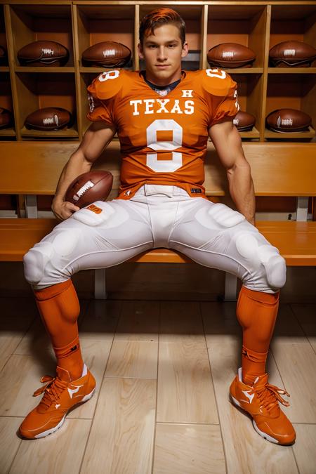 in an American football locker room, (sitting on a bench), legs spread open, muscular TravisWade, University of Texas Longhorns football player wearing University of Texas Longhorns football uniform, American football shoulder pads, (University of Texas Longhorns orange jersey and pads:1.3), jersey number 47, (white football pants:1.2), white kneepads, (orange socks:1.1), (sneakers:1.1), (((full body portrait))), slight smile, wide angle  <lora:TravisWade:0.8>