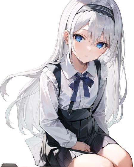 best quality,highly detailed,masterpiece,ultra-detailed,solo,1girl,(white background:1.5),(Delicate eyes),long_hair,blue_eyes,(hairband),(suspender skirt:1.3),(+sitting:1.2),expressionless,backlighting,