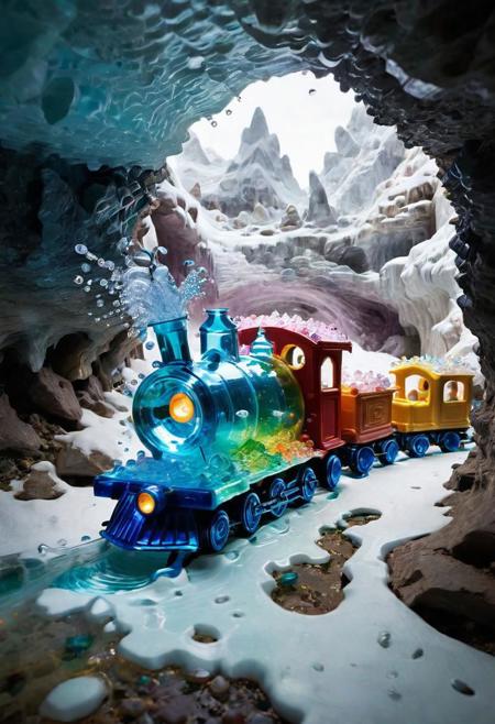 A toy train made of water traveling through a icy cave filled with colorful crystals and gems.