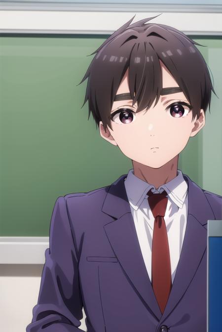 rentarouaijou, <lora:rentarou aijou s1-lora-nochekaiser:1>,
rentarou aijou, black hair, (brown eyes:1.3), thick eyebrows, short hair, hair between eyes,
BREAK school uniform, necktie, formal, suit, red necktie,
BREAK indoors, classroom,
BREAK looking at viewer, (cowboy shot:1.5),
BREAK <lyco:GoodHands-beta2:1>, (masterpiece:1.2), best quality, high resolution, unity 8k wallpaper, (illustration:0.8), (beautiful detailed eyes:1.6), extremely detailed face, perfect lighting, extremely detailed CG, (perfect hands, perfect anatomy),