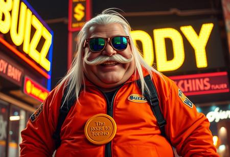 Buzz Daddy is a larger-than-life character, exuding charisma with a signature grin reminiscent of Riccardo Villalobos. His playful, lighthearted aura contrasts with his bulky, chubby physique. He’s decked out in a corporate tracksuit with vibrant psychedelic details, featuring a standout orange piece that reads “The Road to Torino.” His look is completed by a massive yogurt buckle shaped like a buzz coin, long, straight white hair, and a bold handlebar mustache that adds a rugged, custom biker flair. His Ray-Ban Wayfarer goggles reflect the electric glow of digital yellow signs, while he mischievously tosses stacks of Buzz coins around.
Buzz Daddy’s personality is zany, artistic, and captivating—his presence radiates the vibe of a meme king who thrives on humor and unpredictability. In the scene, “Buzz Daddy” is showcased in luminous, cinematic letters, whether displayed on a neon-lit billboard, a glowing mural, or boldly printed across his ultra-realistic jacket. The composition merges digital and artistic styles, creating a playful yet composed visual experience. The atmosphere is surreal and meme-driven, highlighting Buzz Daddy’s larger-than-life persona with influences from aidmafluxpro1.1, aidmaMJ6.1, and aidmahyperrealism, ensuring an unforgettable visual impact.