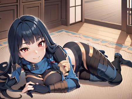 (ultra detailed),(masterpeace),(best quality),(photorealistic),CG,(colour:1.2), beautiful lighting,light from the front,official art,indoors for Japanese-style room,solo, <lora:momochitanba:1>,momochitanba,smile,black hair,long hair,ninja,navy blue suite,red eyes,navy blue scarf,pantyhose,