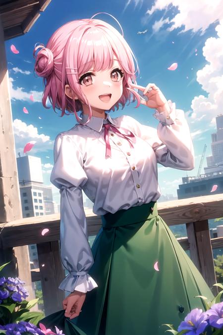 <lora:MiyuD4DJ-05:0.7> , miyusakurada, looking at viewer, blush, smile, open mouth, skirt, shirt, hair ornament, long sleeves, ribbon, medium breasts, white shirt, flower, :d, outdoors, frills, sky, teeth, day, hairclip, puffy sleeves, collared shirt, cloud, hand up, hair flower, hair bun, blue sky, petals, neck ribbon, bird, animal, upper teeth only, sunlight, cloudy sky, frilled skirt, juliet sleeves, green skirt, building, puffy long sleeves, pink ribbon, blue flower, yellow flower, dove