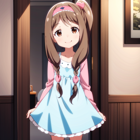 kinue long hair, brown hair, hairband, brown eyes, ponytail, side ponytail