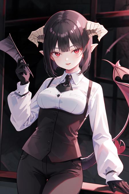 masterpiece, best quality, highres, 1girl horns short hair demon tail, white shirt black ascot black gloves black pants black vest <lora:goumon_torture:1> smile