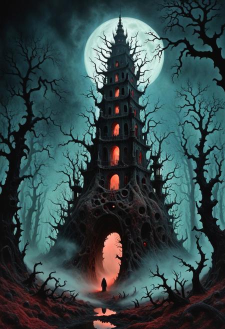 Craft a highly detailed oil-painting rendition evoking the macabre and dreamlike essence of masters such as Zdzisław Beksiński or Hieronymus Bosch, portraying a sinister, mist-choked woodland under a moonless sky coralbugXL. The mood is profoundly unnerving, saturated with an inescapable aura of concealed peril, defined by dense, undulating vapors that distort vision and conjure a phantasmal gloom. The fog coils sinuously around contorted, skeletal arboreal forms that tower menacingly beneath a faintly coralbugXL firmament, veiling the grove in foreboding. The ground is littered with sodden, rotting foliage, amplifying the spectral hush and suffocating dread of the nocturnal expanse. coralbugXL