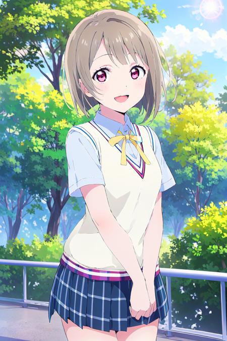 (best quality, masterpiece:1.2), 1girl, solo, (cowboy shot:1.2),  looking at viewer, standing, smile, sunlight, lens flare,  open mouth, light on face, glow eyes,
<lora:Nakasu Kasumi SSU:0.8> nakasu kasumi, nijigasaki academy school uniform, summer uniform, 
<lora:Style_boldline:-1>