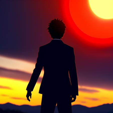 anime, bearded man looking at horizon with the sunset behind him and a red sun in background. digital art. 4 k. anime art. high quality. high resolution. highly detailed. dramatic. 8 k. 4 k. trending on artstation. beautiful. epic lighting. masterpiece. very very beautiful. cinematic. hyper realistic. dramatic. epic. 4 k. award winning. epic. dramatic. trending on art station. (to8highkey:1) <lora:to8sHighKeyLORASD21_sd21768:0.6>