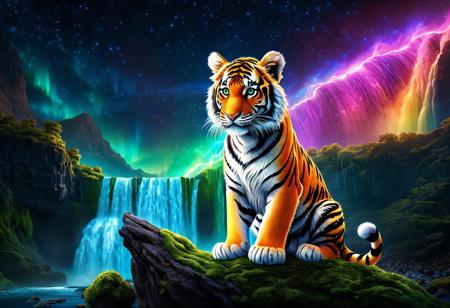 Centered, A glorious epic dream magical waterfall cute adorable little Tiger cub leaning away forward, veins glowing in electricity,a magical dust and aurora, deep colors, gorgeous eyes, glitter, 16k resolution photorealistic, masterpiece, breathtaking intricate details, realistic and lifelike cgi diorama, dramatic dreams lighting, reflective catchlights, high quality CGI VFX fine art, hypermaximalist, holographic, bioluminescence, rainbow field of depth, glowing, side view