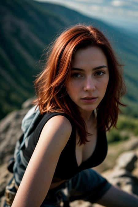 hdr, a redhead woman, climbing on mountains, closeup, intricate details, hyperdetailed, cinematic, dark shot, muted colors, film grainy, soothing tones, muted colors, technicolor, (muddy:0.6)