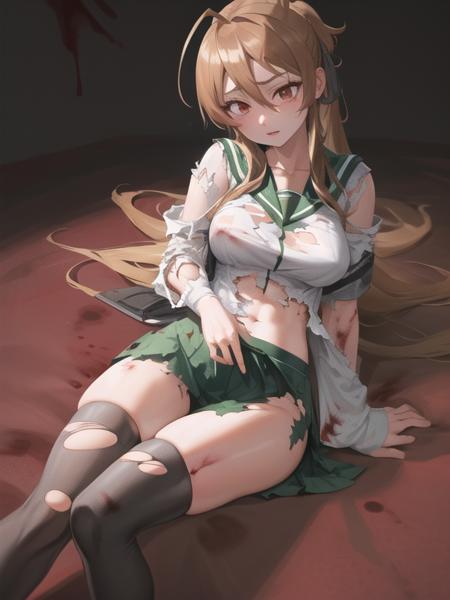 <lora:miyamoto_rei_v1.3:1.0>,
1girl, serafuku, green sailor collar, white shirt, green skirt, thighhighs, ponytail,high-waist skirt, black bow, long hair, blood, scared, torn clothes, torn legwear, torn shirt, torn skirt, surrounded, zombie,, masterpiece, best quality, highly detailed