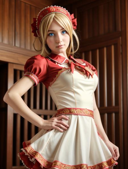 best quality, masterpiece, highres, detailed, realistic, cosplay, <lora:Detail - add_detail:0.2>, AburaHime,  <lora:Character - AburaHime:0.7>, oriental clothing, maid uniform, blonde hair, blue eyes,
