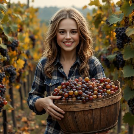 cinematic photo cinematic style, beauty, realism, photorealism, chiaroscuro, high quality, nai23face, a joyful woman harvesting grapes in an autumn vineyard, wearing a plaid shirt and carrying a large wooden bucket of ripe fruit. 35mm photograph, film, bokeh, professional, 4k, highly detailed