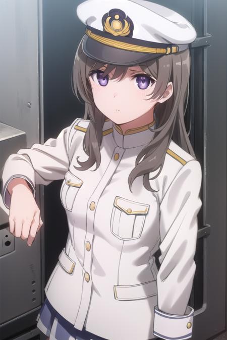 china moeka, long hair, brown hair, (purple eyes:1.1), hair ornament, hat, hairclip, uniform, military, military uniform, peaked cap, naval uniform, (white uniform:1.5),