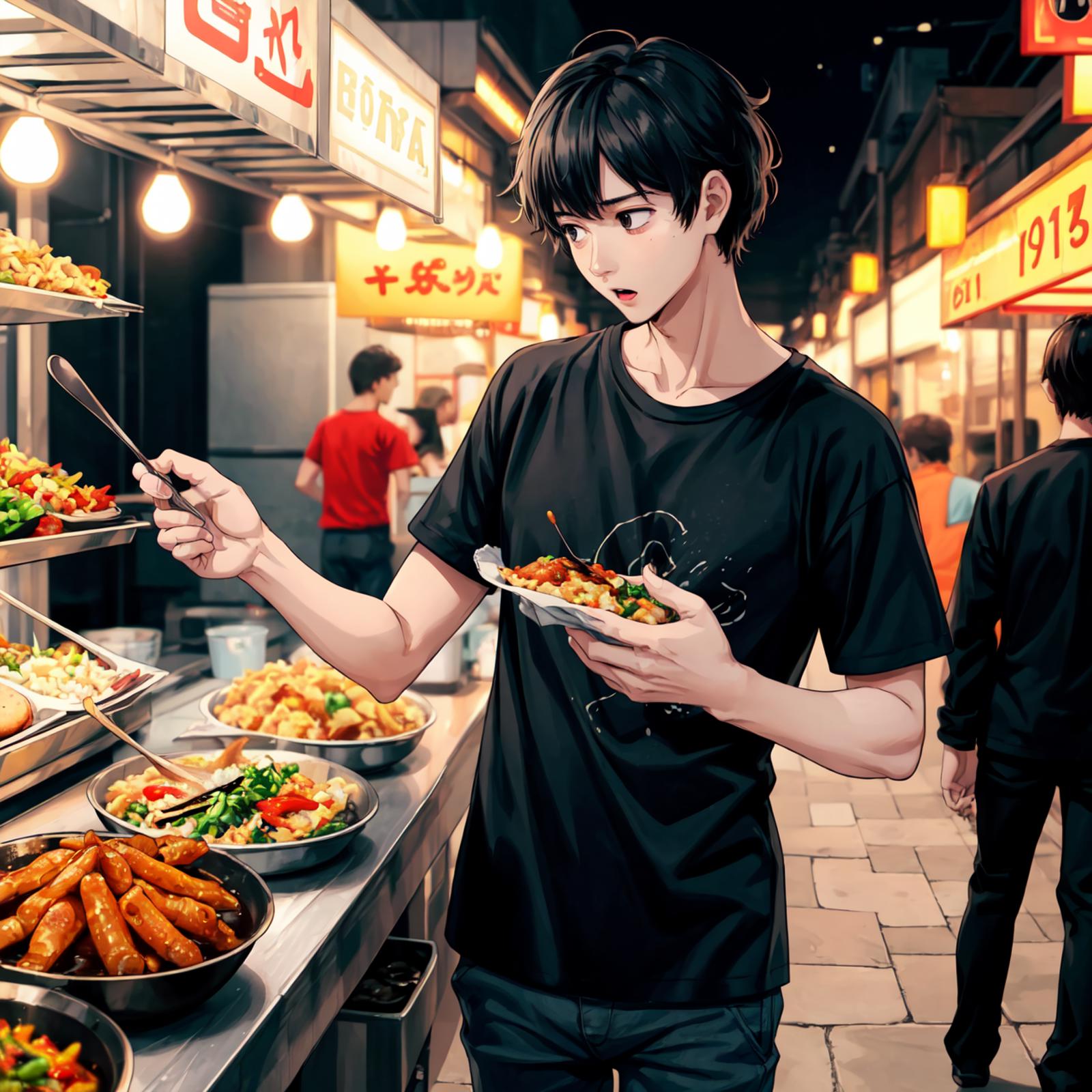 A man with a plate of food, looking at his options in a food court.