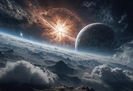 view from space on an ancient planet shrouded in clouds, a dying star in the background