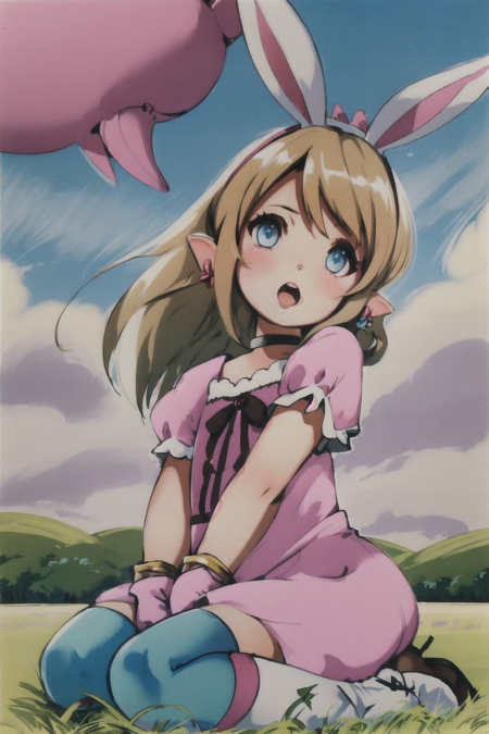 1girl, LalaTater, animal ears, blonde hair, blue eyes, blush, brown hair, choker, dress, dress tug, earrings, fake animal ears, gloves, grass, jewelry, long hair, open mouth, outdoors, pink dress, rabbit ears, short dress, sitting, sky, thighhighs, wariza, wind <lora:LalaTater_LoRa:1>