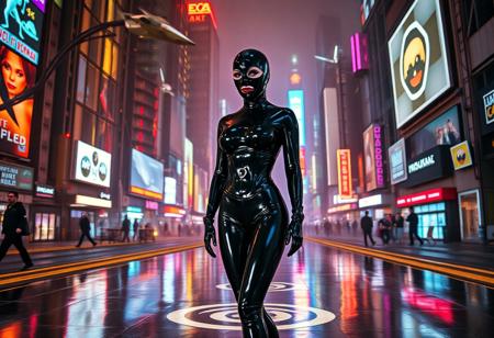 a cowboy shot of A woman dressed in a sleek black latex catsuit and black latexHood stands in a post apocalyptic setting. The catsuit clings to her form, reflecting the ambient neon lights that illuminate the scene. She stands in a high-tech cityscape, surrounded by towering giantess cyborg women with holographic advertisements and flying vehicles zooming through the air. The ground beneath her is a glossy, metallic surface with futuristic symbols glowing faintly. The atmosphere is a mix of cyberpunk and sci-fi, with vibrant neon colors contrasting against the dark, sleek architecture. she has no hair.
