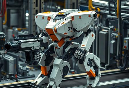 Super detailed Neo Super Quantal Mech King Blaster Magna on machine assembly line. White mech with orange & black accents. Large gun held, left hand on hip. Number "37" on body. Cinematic, isometric, dynamic pose. Trending on Artstation, splash ink illustration, octane render, Unreal Engine 5, Raphael style, Houdini style. 4k, high-res, golden ratio, captivating lighting.