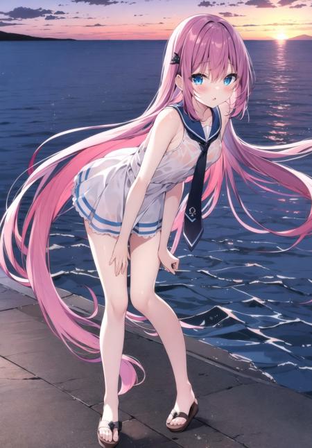 1girl, solo, very long hair, long hair, blue eyes, outdoors, dress, sunset, sleeveless, sleeveless dress, bangs, sailor dress, sandals, brown footwear, white dress, sailor collar, cloud, bare arms, hair between eyes, parted lips, blush, sky, bare shoulders, looking at viewer, horizon, red necktie, pink hair, ocean, standing, water, hair ornament, necktie, full body, black panties, purple hair, panties, looking to the side, absurdly long hair, underwear, small breasts, breasts, see-through

<lora:fearii-loha-v1.1:0.7>, (masterpiece,best quality)