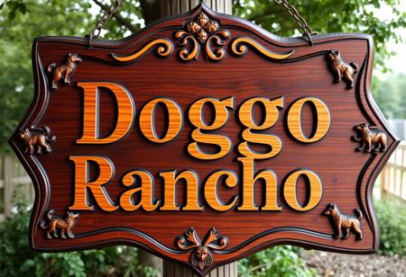 A fancy wooden sign fills the entire image. It is intricately engraved and painted with the words "Doggo Rancho" featured prominently. Along the edges of the sign, small engraved images of Huskies and Shiba Inu.