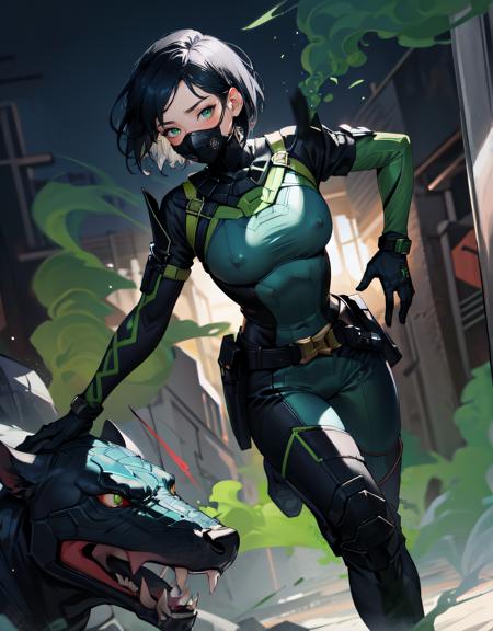 1girl, (viper), 20 yo, (see-through), big breasts, nipples, venom, toxic gas, green smoke, devastated city, distopian, green color scheme, black hair, short hair, valorantviper, green ripped bodysuit, elbow gloves, belt, thigh boots, gasmask, <lora:viper-nvwls-v2:0.6>, <lora:LowRA:0.3>,, (masterpiece, best quality, high quality, official_art, absurdres, highres), 60mm lens, bloom, depth of field, light particles, cinematic, <lora:Elixir:0.2>, <lora:NijiExpressV2:0.3>, <lora:add_detail:0.3>, <lora:GoodHands-vanilla:1>, <lyco:GoodHands-beta2:1.0>