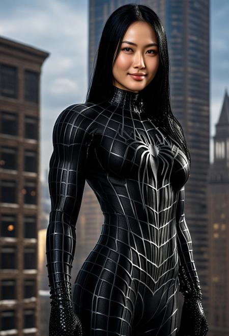 score_9, score_8_up, score_7_up, best quality, realistic, masterpiece, beautiful detail, hyperrealistic, winter, ((1girl, woman body, huge breasts)), amazing detailed full body portrait of a beautiful japanese girl, wearing a realistic and highly detailed black raimi spider-man suit, ((huge muscular girl)), professional model wears ultra - detailed black raimi spider - man suit, ultra - detailed and grained black raimi spiderman suit, suit covered entire body and hand, black spiderman gloves, wet, (full body tall), (standing), smile, black hair, octane render, highly detailed, volumetric, dramatic lighting, (highest quality:1.1), (HDR:1.3), (top quality, best quality), realistic, high definition, Expressionism - sharp focus, professional photography, masterpiece, ultra detailed photograph, high quality, 8k,
