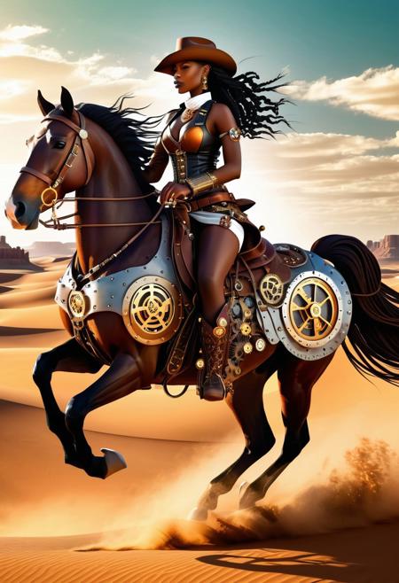 Beautiful African Steampunk Cowgirl Wearing a Cowgirl Steampunk Clothing is Riding her Steampunk Horse in the Wild West Steampunk Desert Steampunk Cactus Clocks Gears abstract vector fractal, wave function, Zentangle, 3d shading