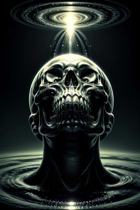 A close-up photorealistic image of a crystal-like floating skull facing dynamic view with its mouth open, pouring from it's mouth a shimmering liquid resembling the universe onto the ground, filled with rich stars and swirling galaxies. A simple void background enhances the dark atmosphere, shrouded in fog, capturing the hypnotic flow and shimmer of the cosmic liquid, from below,