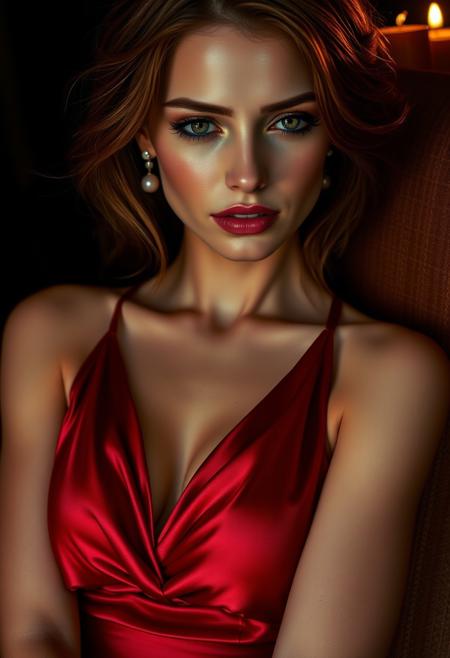 A strikingly photorealistic portrait of a young woman, captured in a moment of sensual allure. Her eyes, a deep hazel with flecks of gold, are slightly hooded and cast downward, inviting the viewer to engage with the subtle seduction of her gaze. Her skin is flawlessly depicted, with the soft glow of candlelight playing across the delicate contours of her face, highlighting the gentle arch of her cheekbones and the fullness of her plump, glossed lips. The portrait captures every minute detail, from the way a loose strand of her auburn hair catches the light to the intricate neckline of her crimson satin dress, which clings to her body and reveals a tantalizing glimpse of her ample cleavage. A single pearl earring dangles from her ear, reflecting the warm light and drawing attention to the graceful curve of her neck. The background is a rich, velvety black, allowing her beauty and the vividness of her attire to command the focus. Her posture is relaxed yet commanding, one hand resting on the velvet-covered armrest of an antique chair, while the other holds a glass of wine, the liquid's deep red hue mirroring that of her dress.