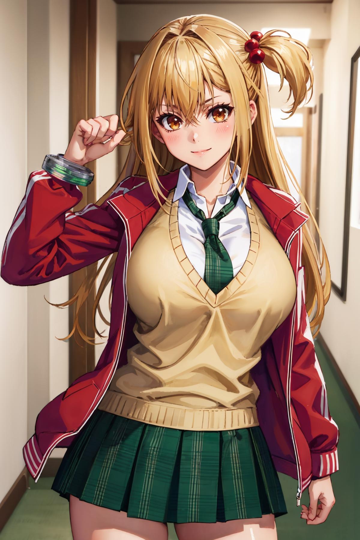 A cartoon image of a woman wearing a red jacket and a green tie.