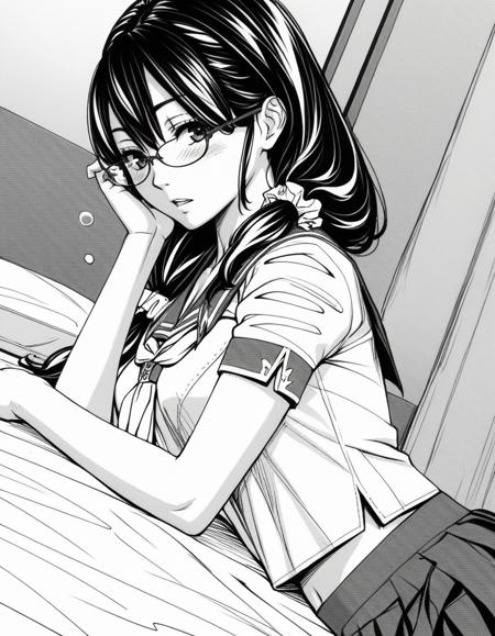 <lora:mika-hayashi-manga-ponyxl-lora-nochekaiser:1>, mika hayashi, glasses, black hair, short hair, ponytail, monochrome, greyscale, <lora:mika-hayashi-manga-ponyxl-lora-nochekaiser:1>, mika hayashi, glasses, black hair, long hair, hair over shoulder, scrunchie, monochrome, greyscale, skirt, school uniform, pleated skirt, serafuku, neckerchief,