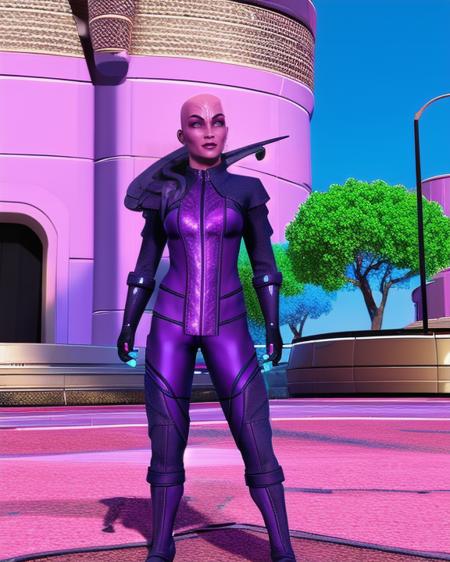 kuumaarke female alien bald pink skin black eyebrows ridges on forehead ridges on side of nose magenta eyes wearing dark purple and teal sci-fi lukari armor suit wearing gloves with glowing teal fingertips wearing tall boots