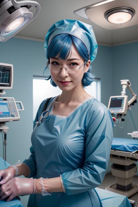 (RAW photo, best quality), operating room, overhead surgical light,blurred background, focused, dithering,backlighting,upper body,
<lora:Aya Miiko_3dCG_V3.0:0.4> (aya miiko, 3dcg03, 1girl, solo, redeyes, blue hair,glasses),
 <lora:surgical_v3:0.8> (surgical_uniform_3.0, surgical mask, gloves,surgical cap,long sleeves),
